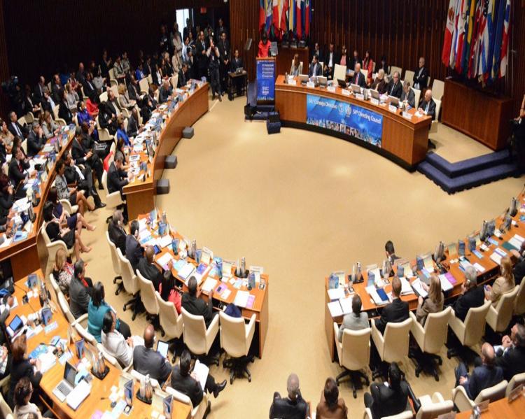 ​Salão principal da Conferência na sede da Opas, em Washington DC, onde se reúnem os ministros da Saúde, delegados do evento