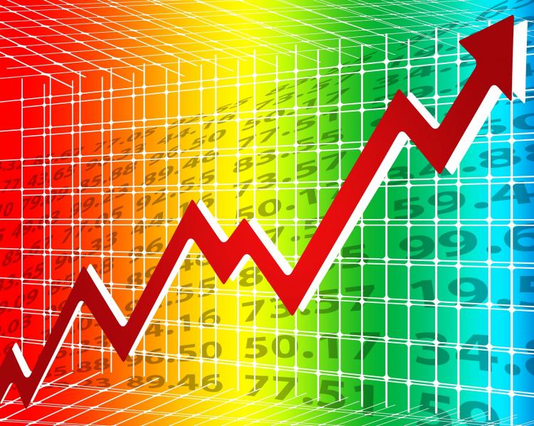 seta vermelha ascendente sobre uma lista de números em fundo multicolorido