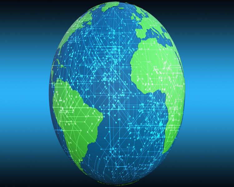 Globo terrestre, mostrando o oceano Atlântico em primeiro plano, com América do Sul e África nas laterais, coberto por uma rede