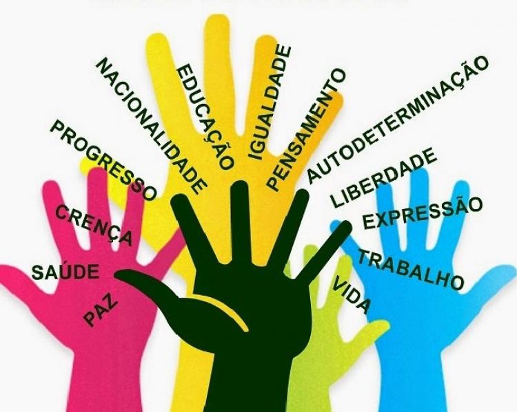 Desenhos de mãos coloridas espalmadas sob palavras que se referem a direitos humanos, como saúde, educação, trabalho, vida, crença e paz