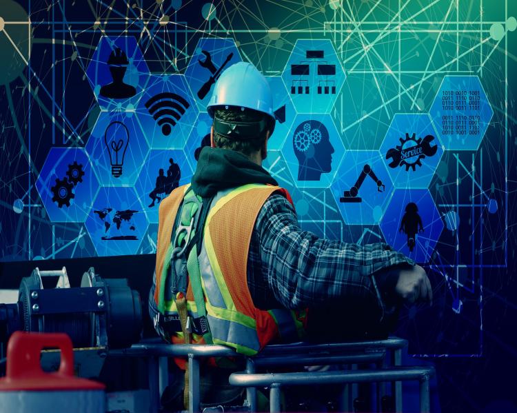 Trabalhador usando colete e capacete está de costas para o observador, em um fundo colorido, com engrenagens