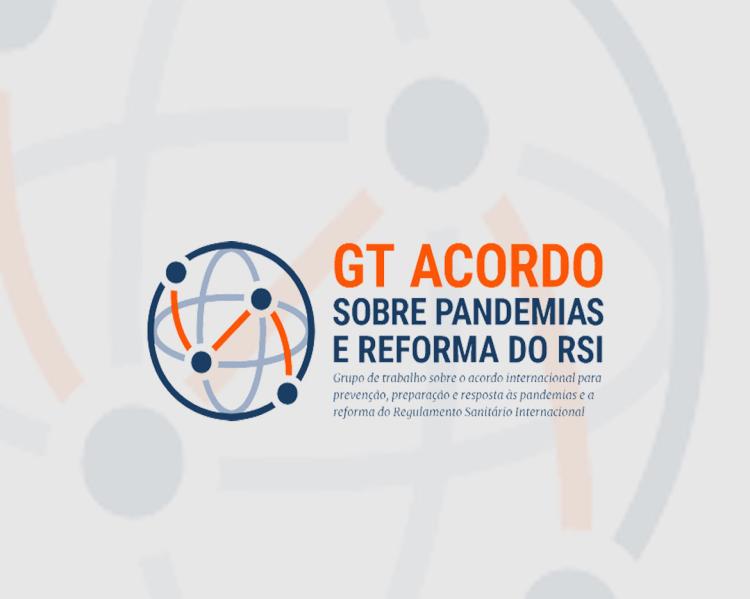 Círculo contendo elipses que se cruzam, nos tons azul e laranja, compondo a logomarca do GT Acordo sobre Pandemias